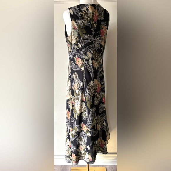 Vintage 90s Made in Canada Black Asymmetrical Ruffle Hem Paisley Floral Dress‎ - Picture 7 of 11